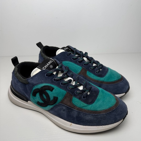 Chanel Men's Sneaker Suede CC Logo Navy Blue Green SZ 43 / US 10 Missing Insoles